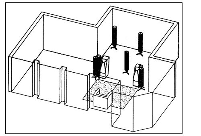 illustration of hifi room with studiotraps placed where amps would be