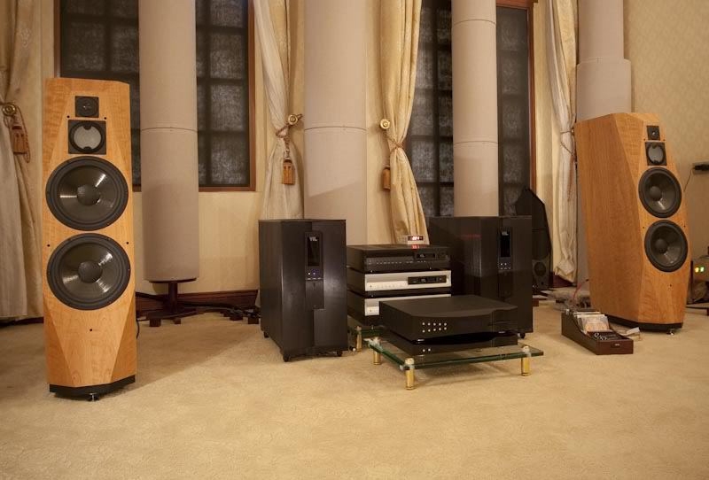 High-end audio showroom with stacked TubeTraps