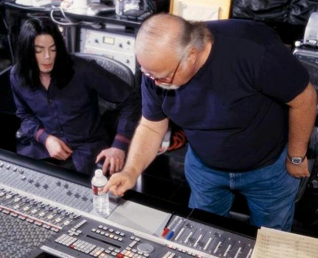 Bruce Swedien and Michael Jackson at a mixing board