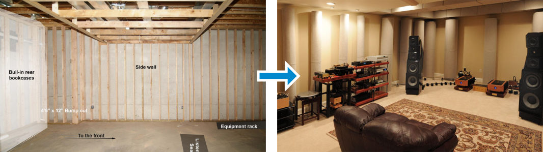 Before and after ASC-built hifi room. isowall room transformation side wall