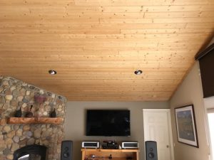 angled ceiling of home theater in a Living Room without acoustic treatment