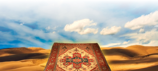 Persian Carpet & Acoustics, Persian rug flying in the desert with a blue sky with clouds