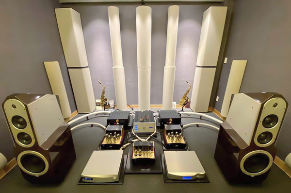 view of a hifi room set up with white tubetraps, pcad panels towertraps